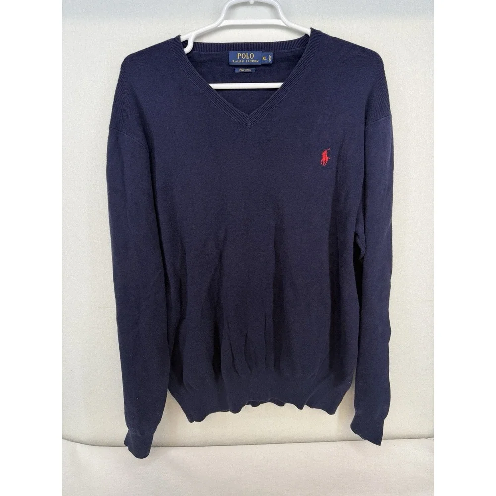 Polo Ralph Lauren Men's Navy Pima Cotton V Neck Sweater Size XL
